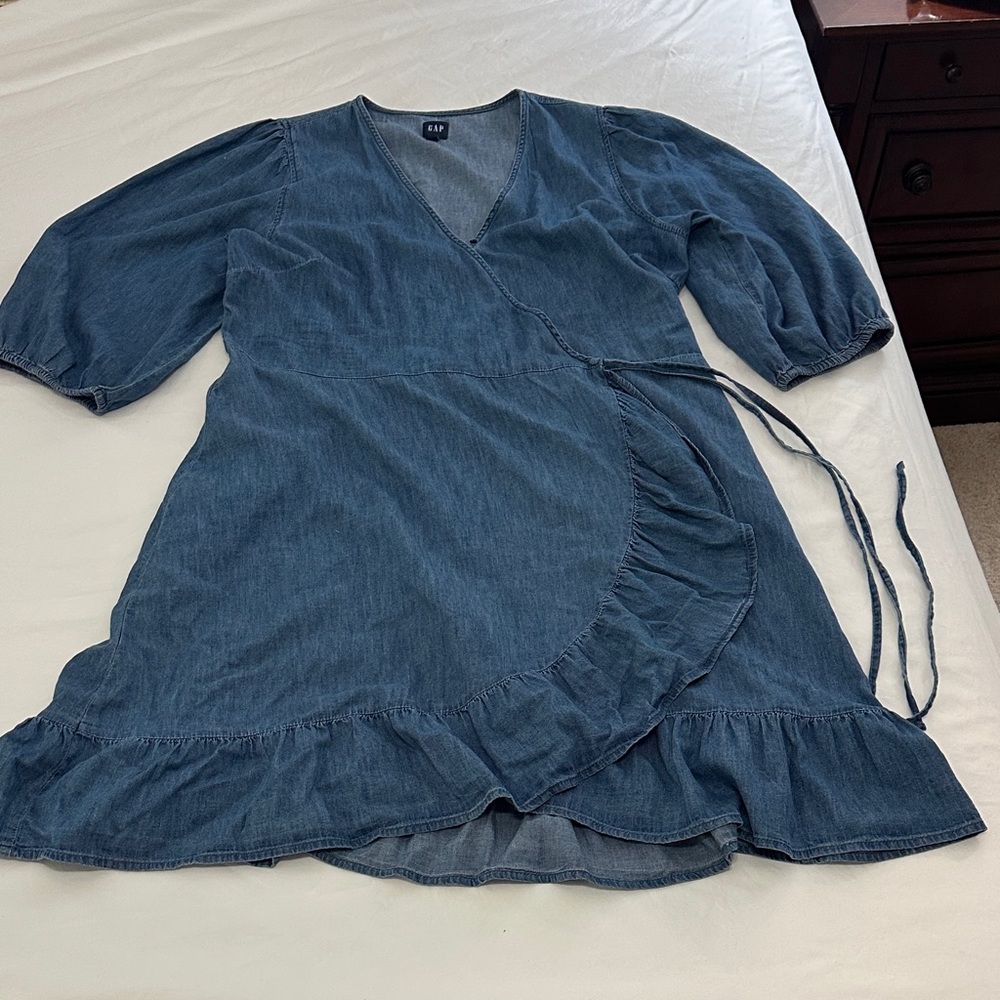 GAP Women's Denim Chambray Wrap Dress in Deep Blue with Ruffle